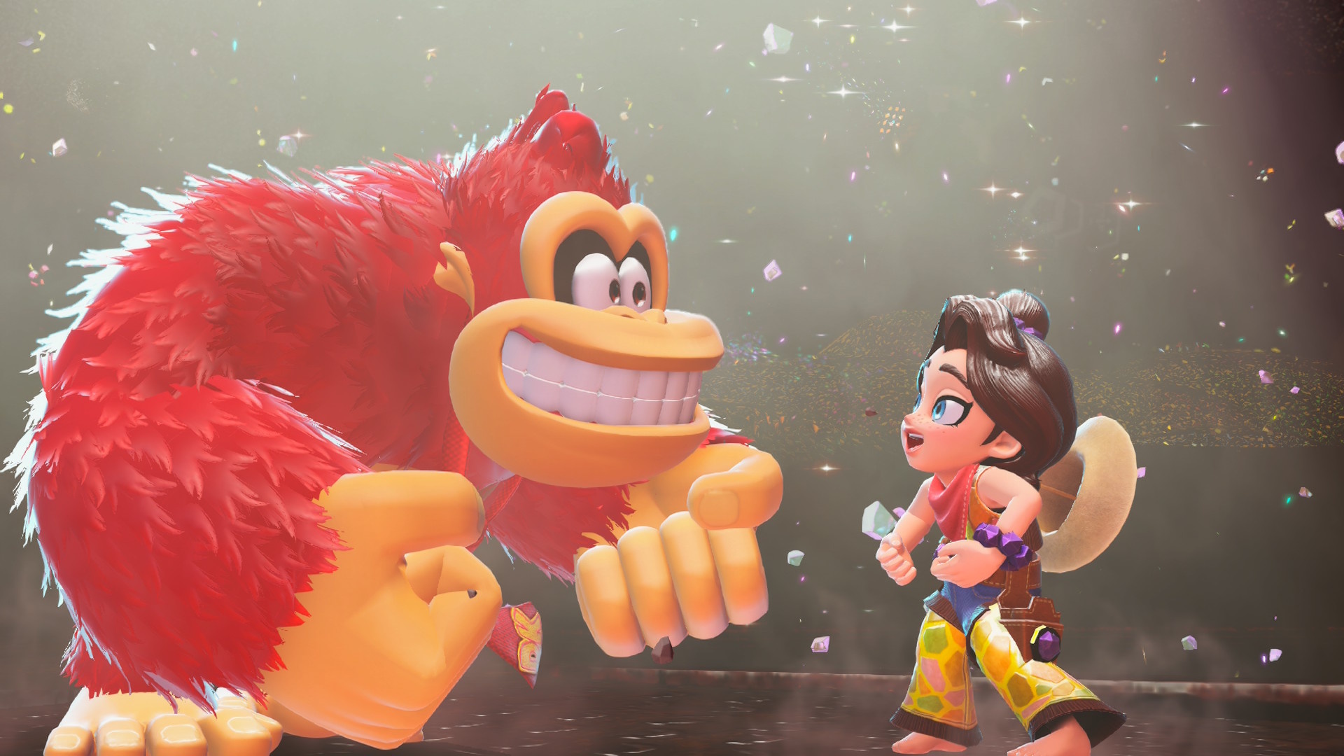 DK e Pauline dançando uma dança de gorila em Donkey Kong Bananza