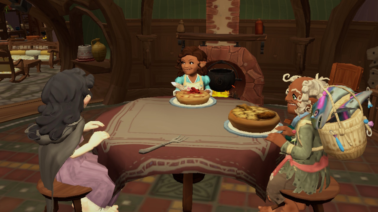 Três hobbits sentam -se ao redor de uma mesa com vários pratos.