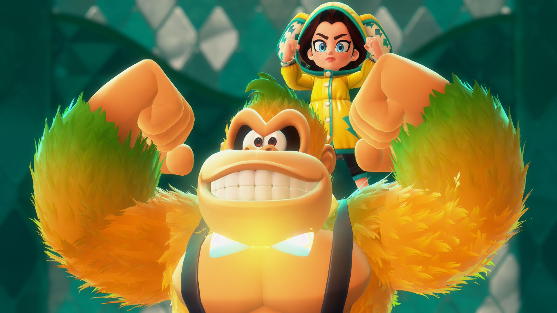 Uma imagem de bananza de Donkey Kong mostrando DK e Pauline flexionando seus músculos