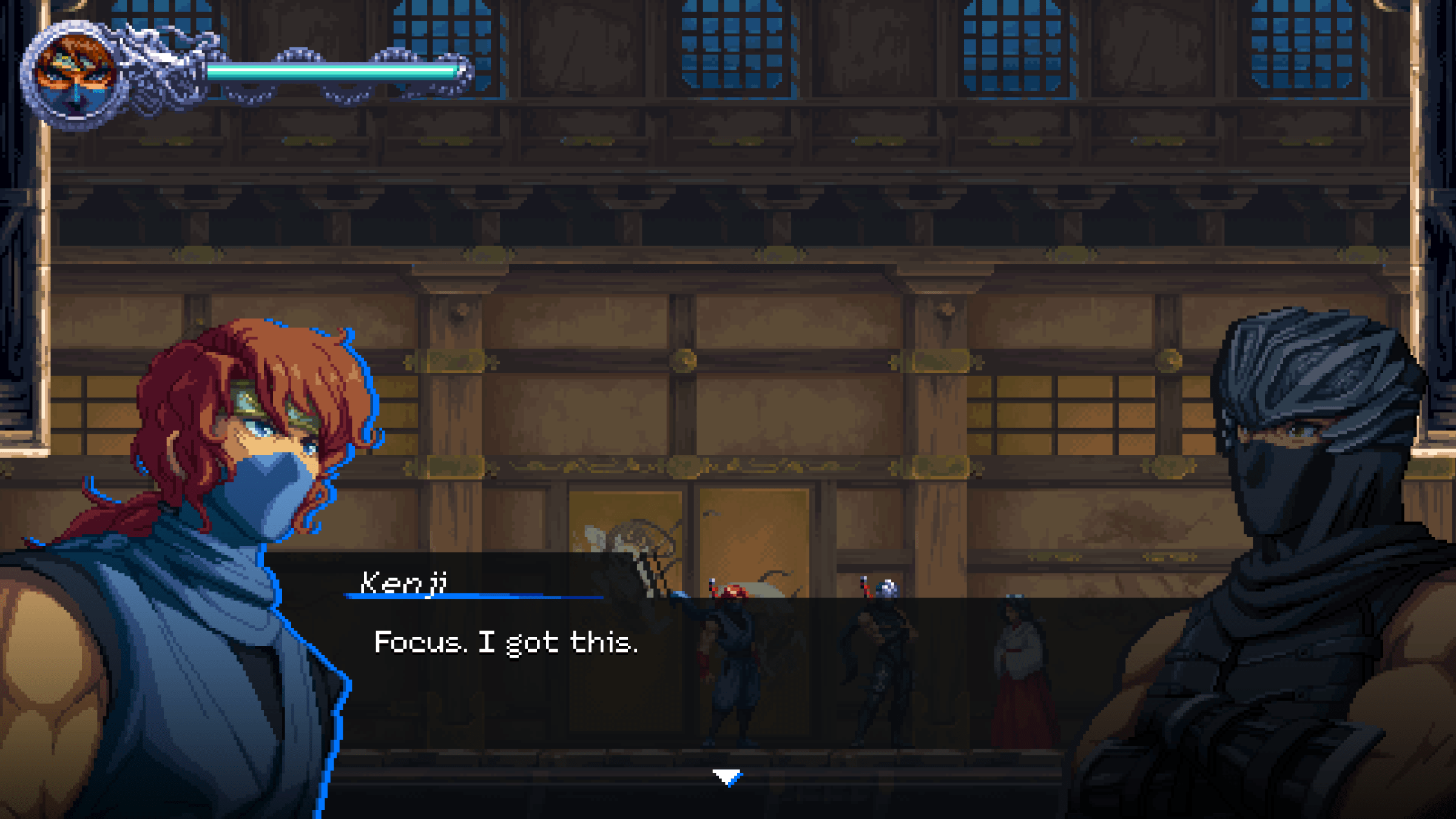 Kenji fala com Ryu em uma captura de tela de cena de Ninja Gaiden: RageBound, dizendo