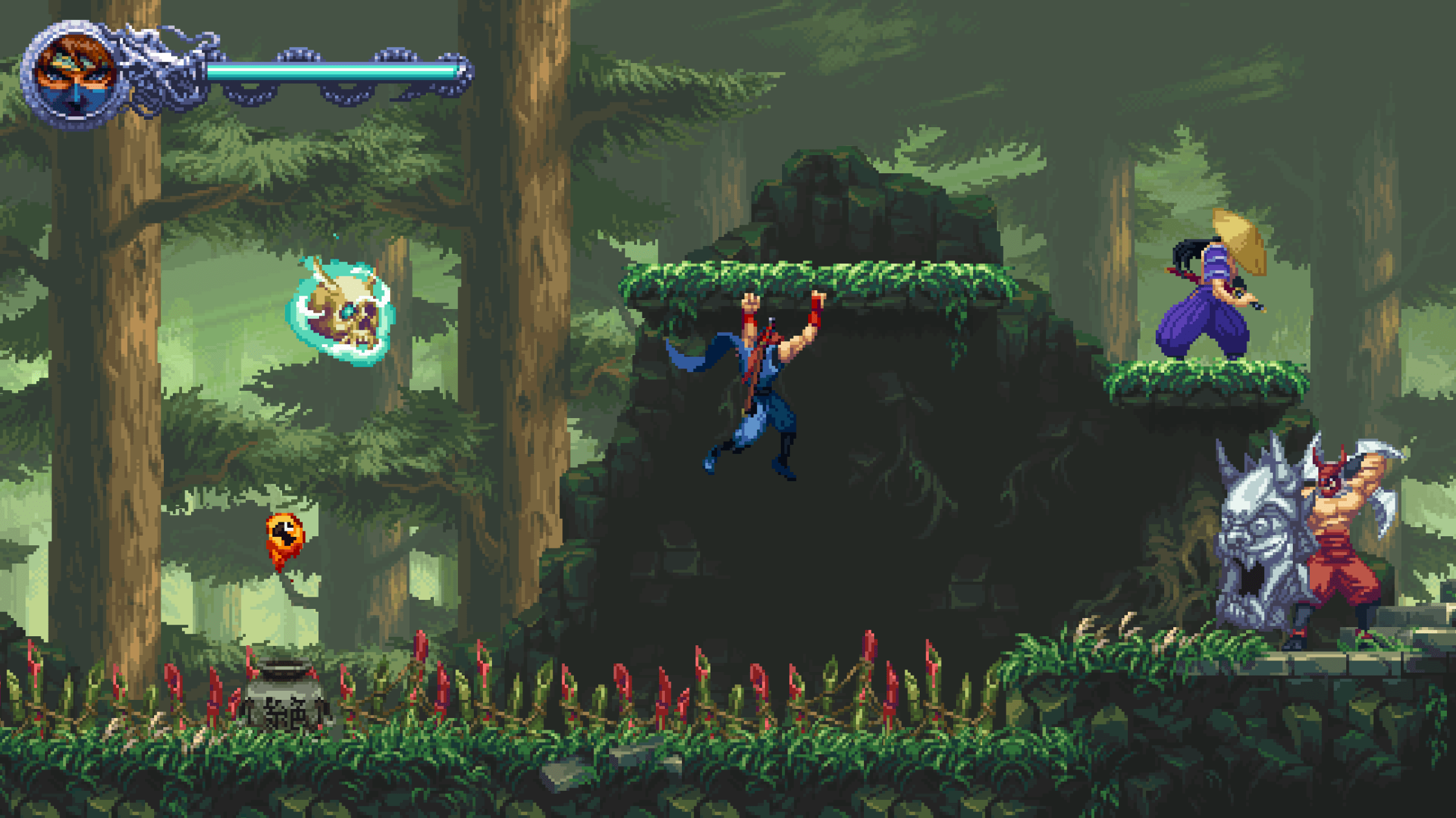 Kenji está pendurado em uma borda enquanto cercado por inimigos em uma captura de tela de Ninja Gaiden: RageBound