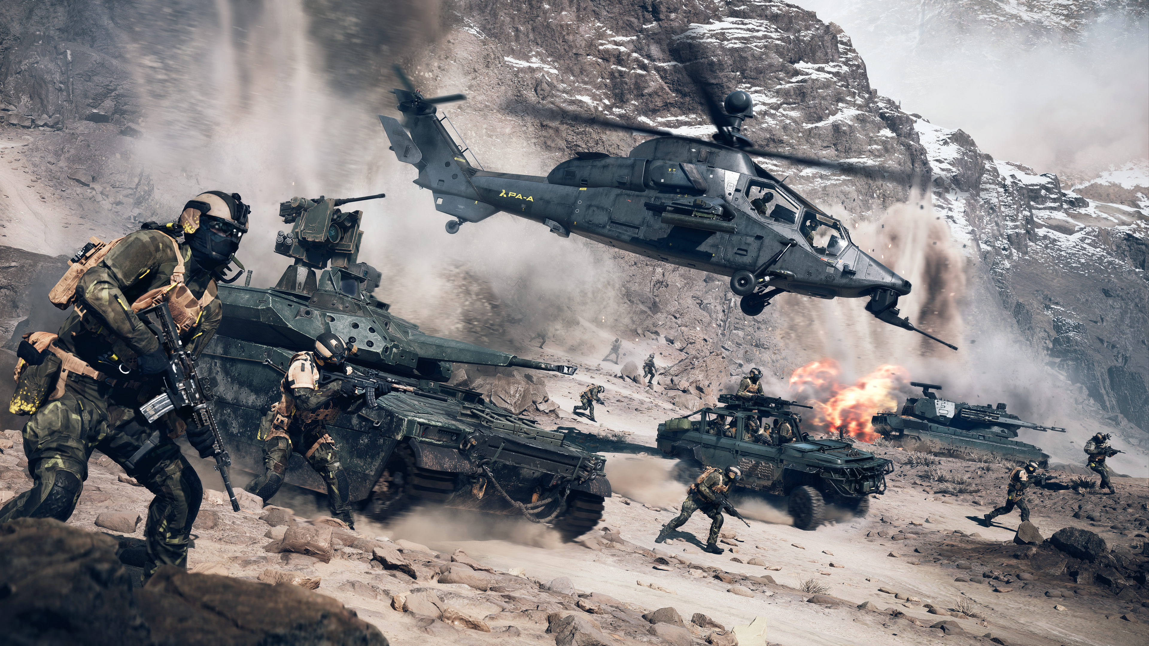 Um helicóptero e soldados correm em um campo em arte -chave para Battlefield 6