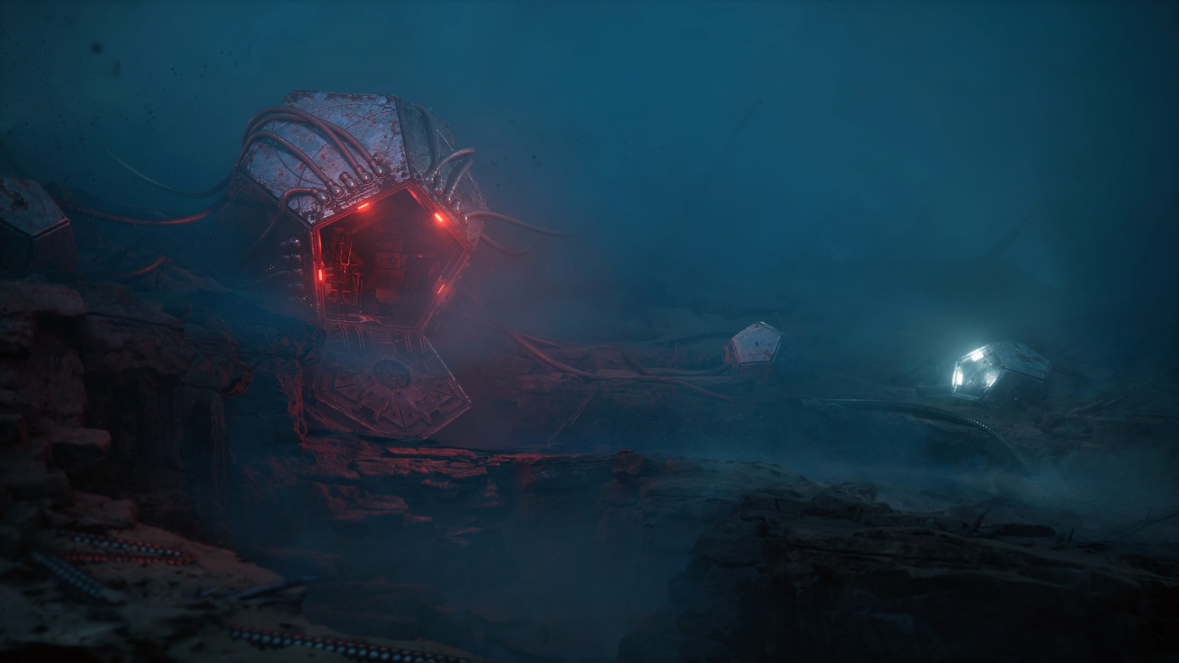Uma captura de tela nebulosa de Cronos: The New Dawn, representando uma enorme vagem de metal com lados pentagonais.