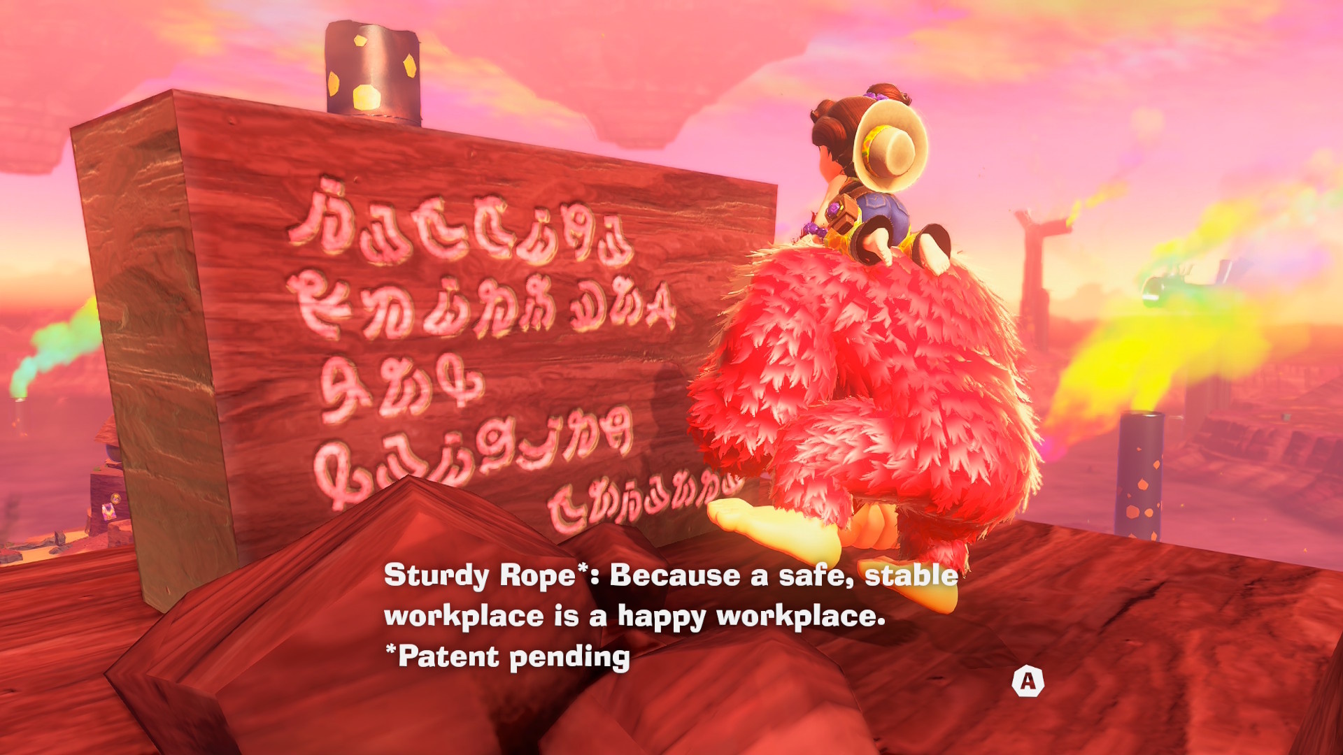 DK em Donkey Kong Bananza lendo uma laje de pedra. O texto diz: “Cordão resistente: porque um local de trabalho seguro e seguro é um local de trabalho feliz. Patente pendente”