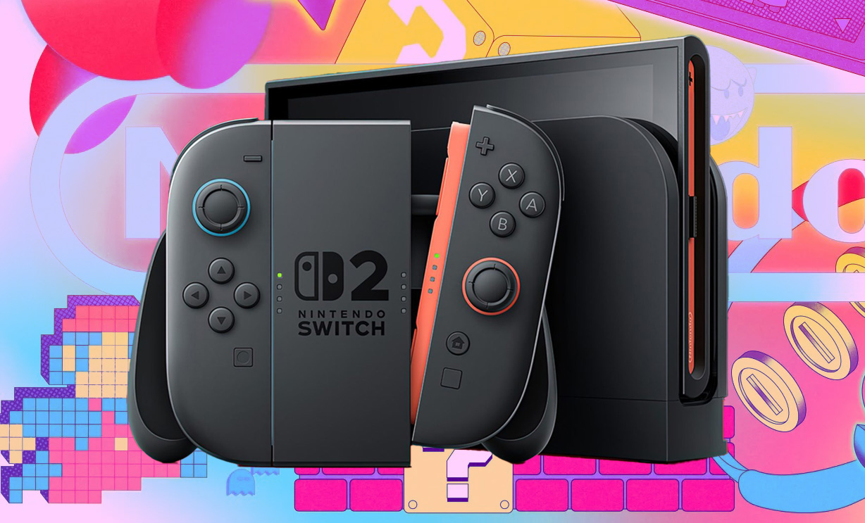 Switch 2 Console na frente de um fundo ilustrado de caracteres da Nintendo