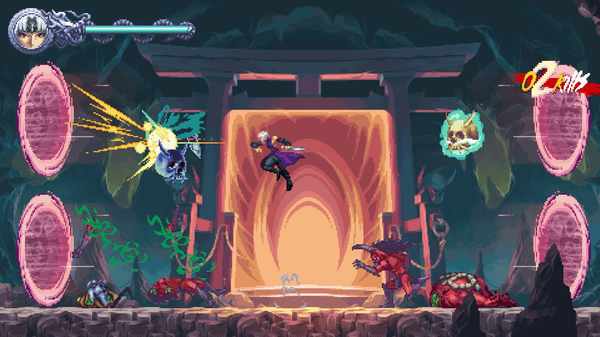 Kumori joga Kunai em vários demônios emergindo de portais em uma captura de tela de Ninja Gaiden: RageBound