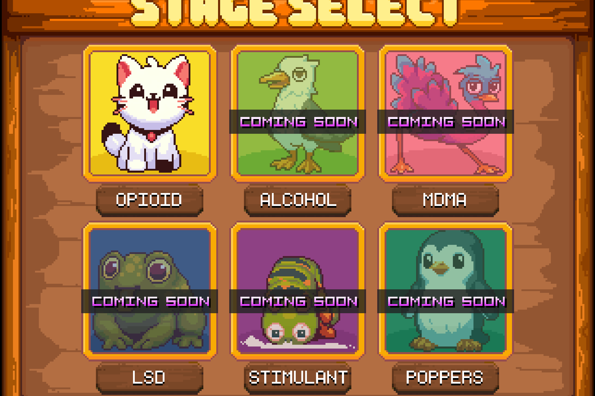 A tela de seleção de palco do jogo, com etapas para álcool, MDMA, LSD, estimulantes e poppers.