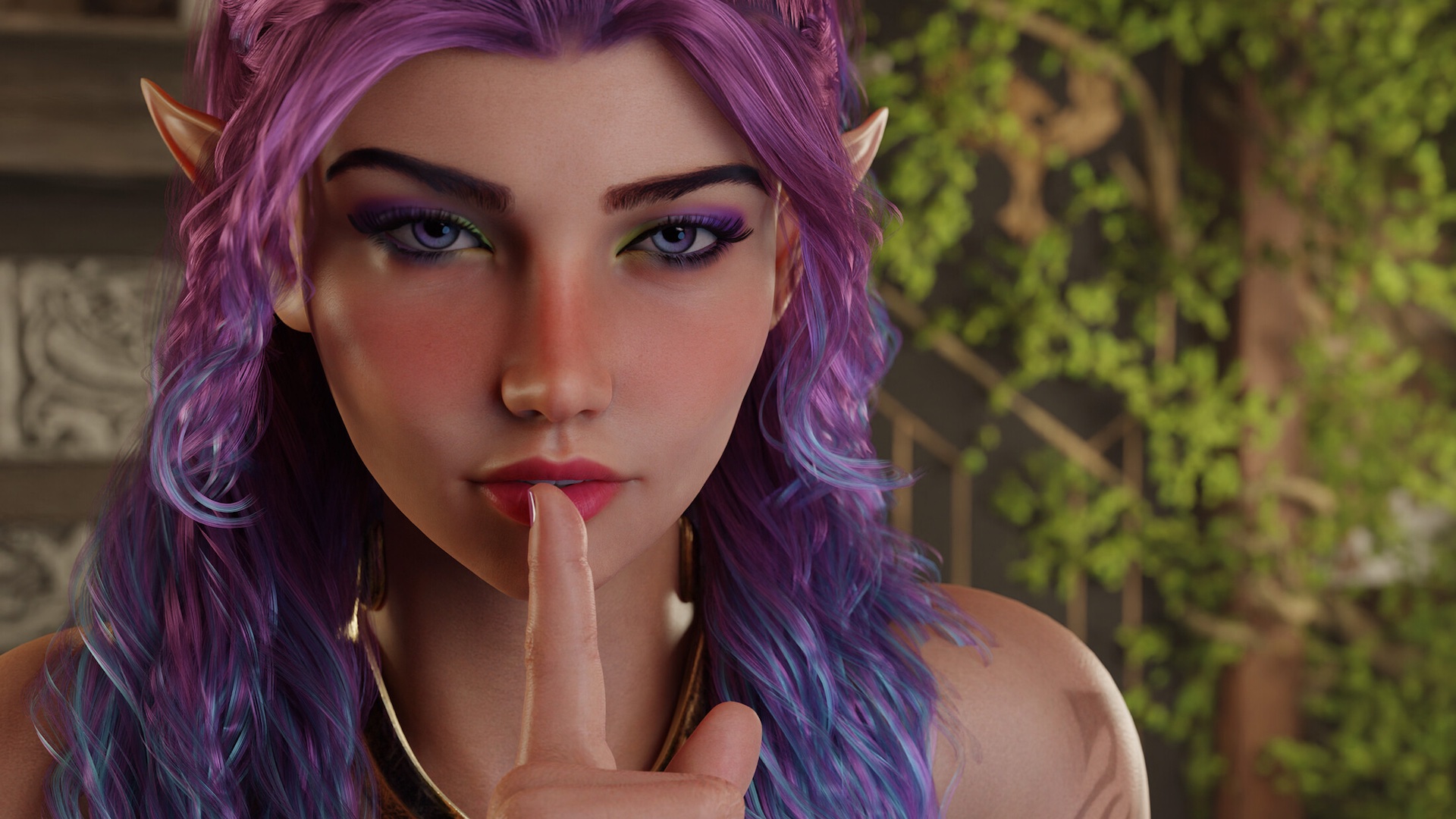 Obras de arte do jogo erótico proibido de fantasia, apresentando um personagem elfo de cabelos roxos, calando a câmera
