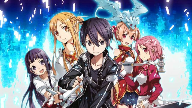 Arte da arte da Sword online arte mostrando Kirito e suas companheiras prontas para a batalha