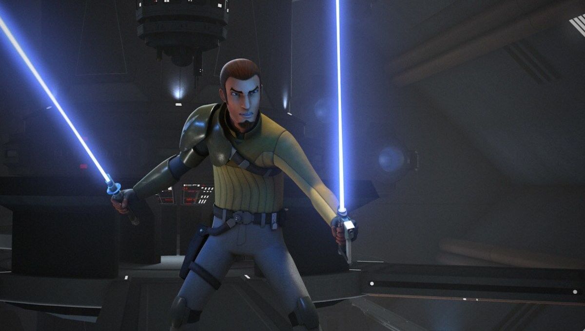 Kanan Jarrus segura dois sabres de luz azul em rebeldes de Guerra nas Estrelas