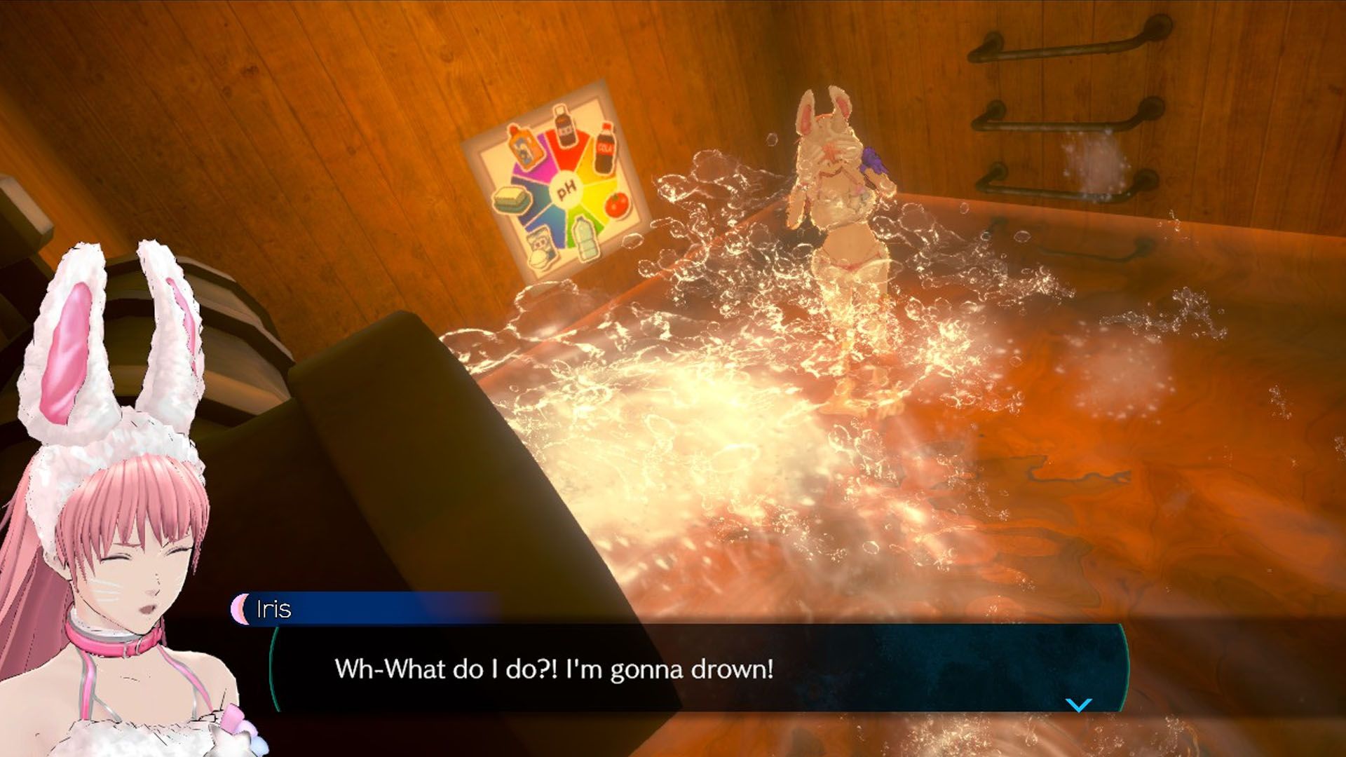 Um não sono para a data do kaname - de AI: a captura de tela de arquivos do somnium mostrando íris em uma sala que está sendo preenchida com água.