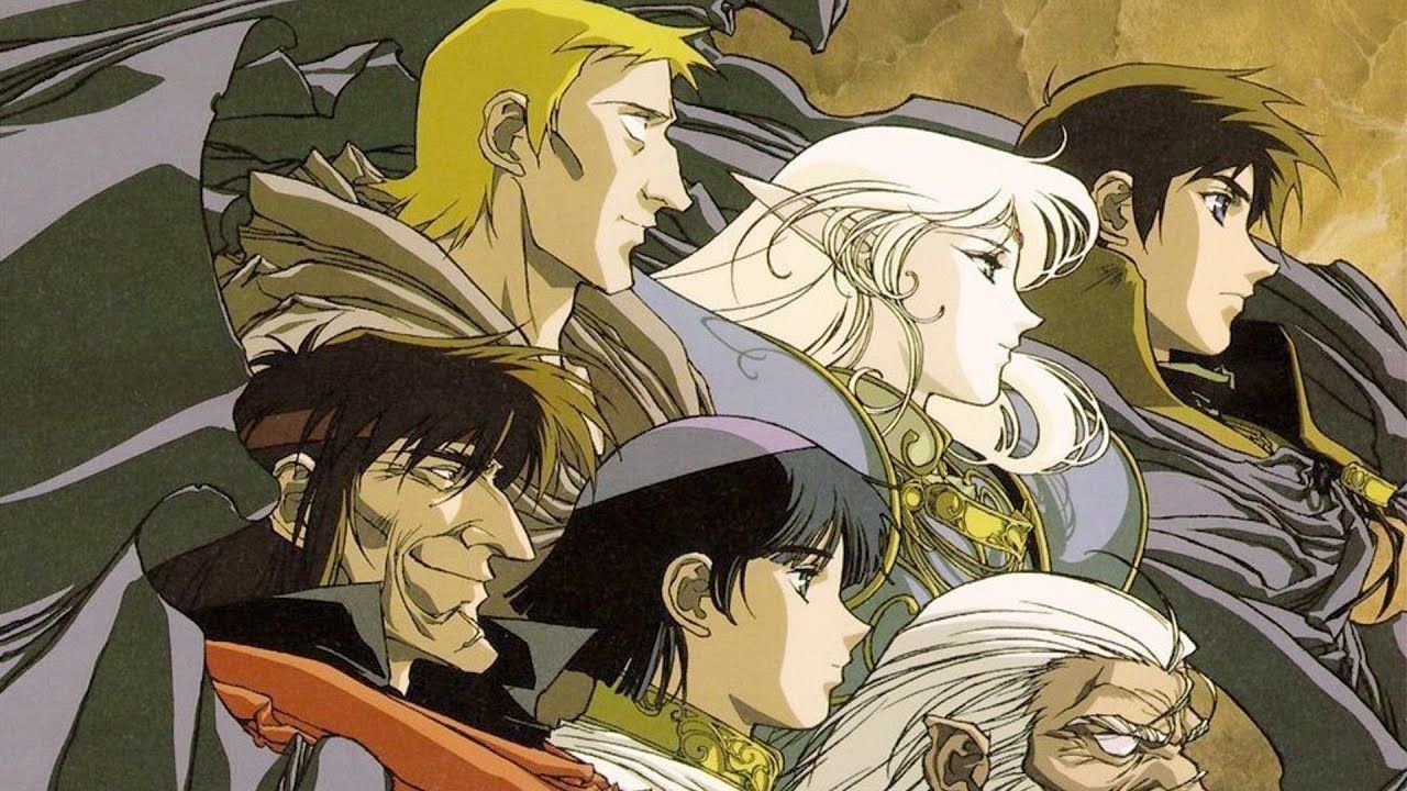 O guerreiro Parn ao lado de seu partido de companheiros em registro de guerra de Lodoss.