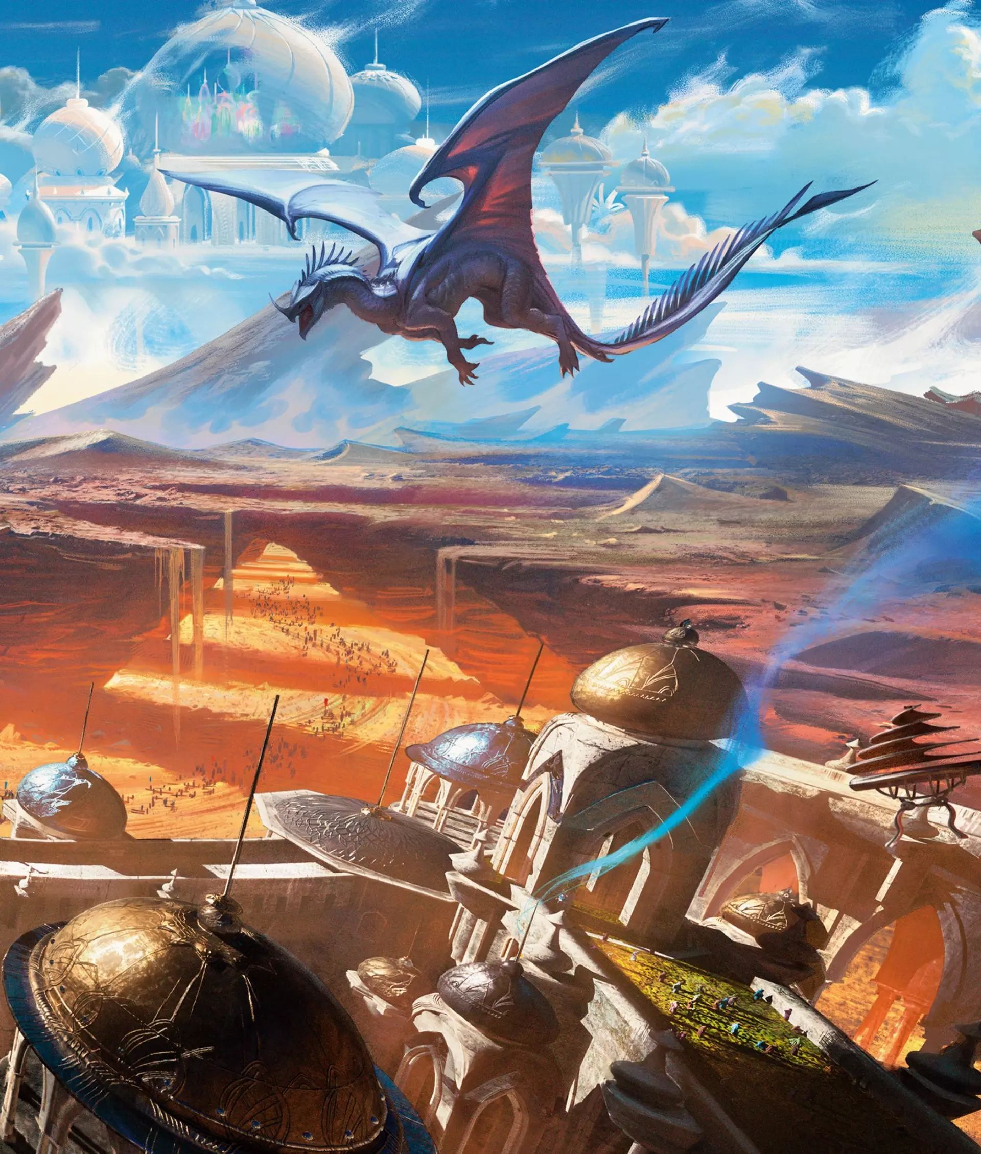 Um dragão voa sobre uma cidade no deserto com uma paisagem fantástica nas costas em obras de arte da D&D Adventures em Faerun
